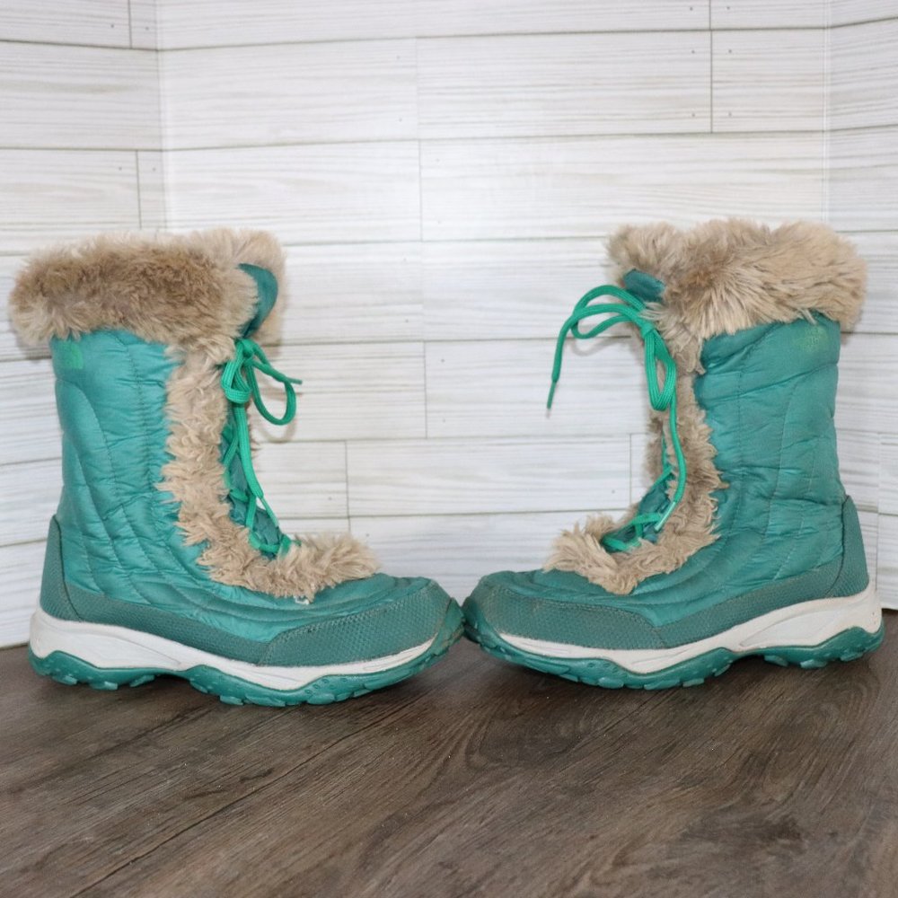 NORTH FACE NUPTSE FAUX FUR TEAL GREEN GOOSE DOWN WINTER BOOTS SZ 6/38